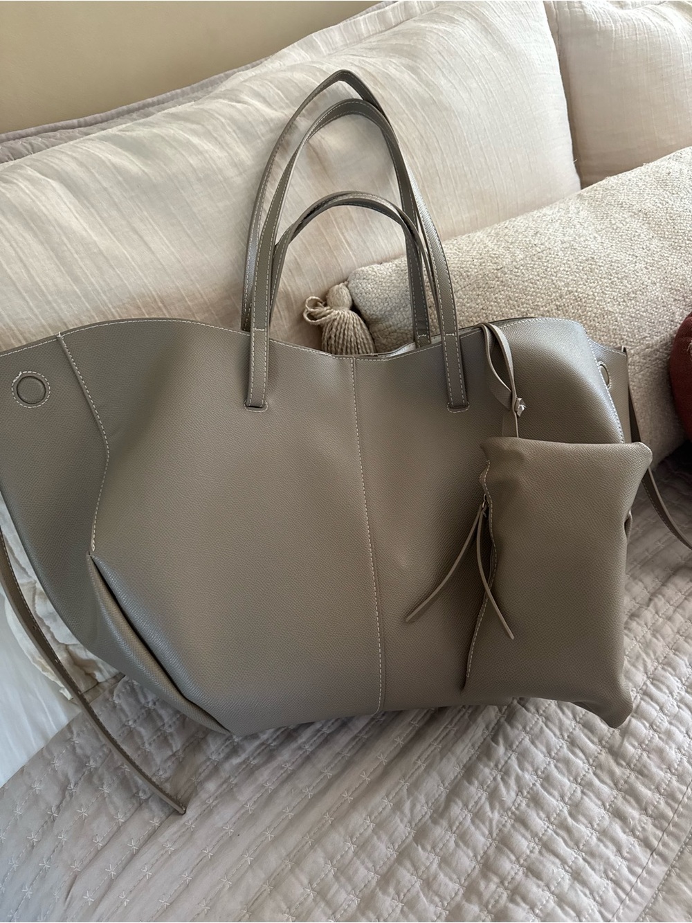 Minimalist Taupe Tote with Detachable Pouch